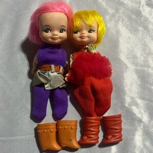 SET OF 2 - VINTAGE 1969 - FINGER DING -PUPPET DOLLS - REMCO - YELLOW & PINK HAIR